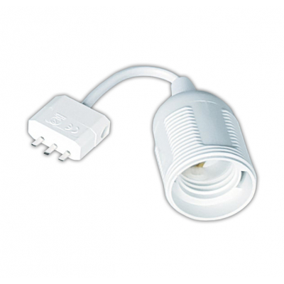 Nordic Quality DCL-stik med E27-fatning, vist med hvid stikdel, ledning og fatning.