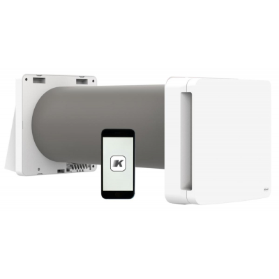 Hvid Klimair Unoklima 2.0 WiFi ventilator med varmegenvinding vises samlet med app-styring på en telefon.