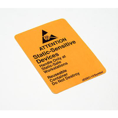 Walbom orange ESD-advarselslabel på 46 x 64 mm med sort ATTENTION-tekst og advarselssymbol.
