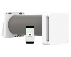 Hvid Klimair Unoklima 2.0 WiFi ventilator med varmegenvinding vises samlet med app-styring på en telefon.