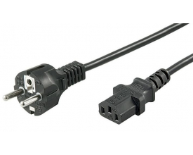 MicroConnect powerkabel på 0,5 meter med sort Schuko-stik og C13-stik, vist med begge stikender.