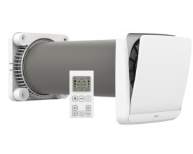 Hvid Klimair Unoklima XT-U Remote ventilator med varmegenvinding og fjernbetjening, vist adskilt med langt vægrør.