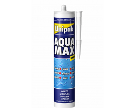 Hvid Unipak Aqua Max fugemasse i 425 g patron med påsat spids og blå, gul og hvid etiket.