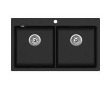 Lavabo Saturn 86 dobbelt nedfældningsvask i matsort komposit med 3 forborede hanehuller og krom bundventiler.
