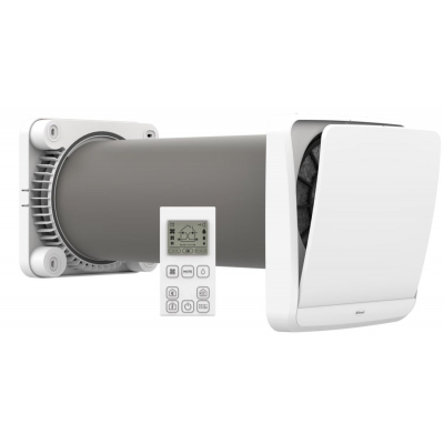 Hvid Klimair Unoklima XT-U Remote ventilator med varmegenvinding og fjernbetjening, vist adskilt med langt vægrør.