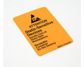 Walbom orange ESD-advarselslabel på 46 x 64 mm med sort ATTENTION-tekst og advarselssymbol.