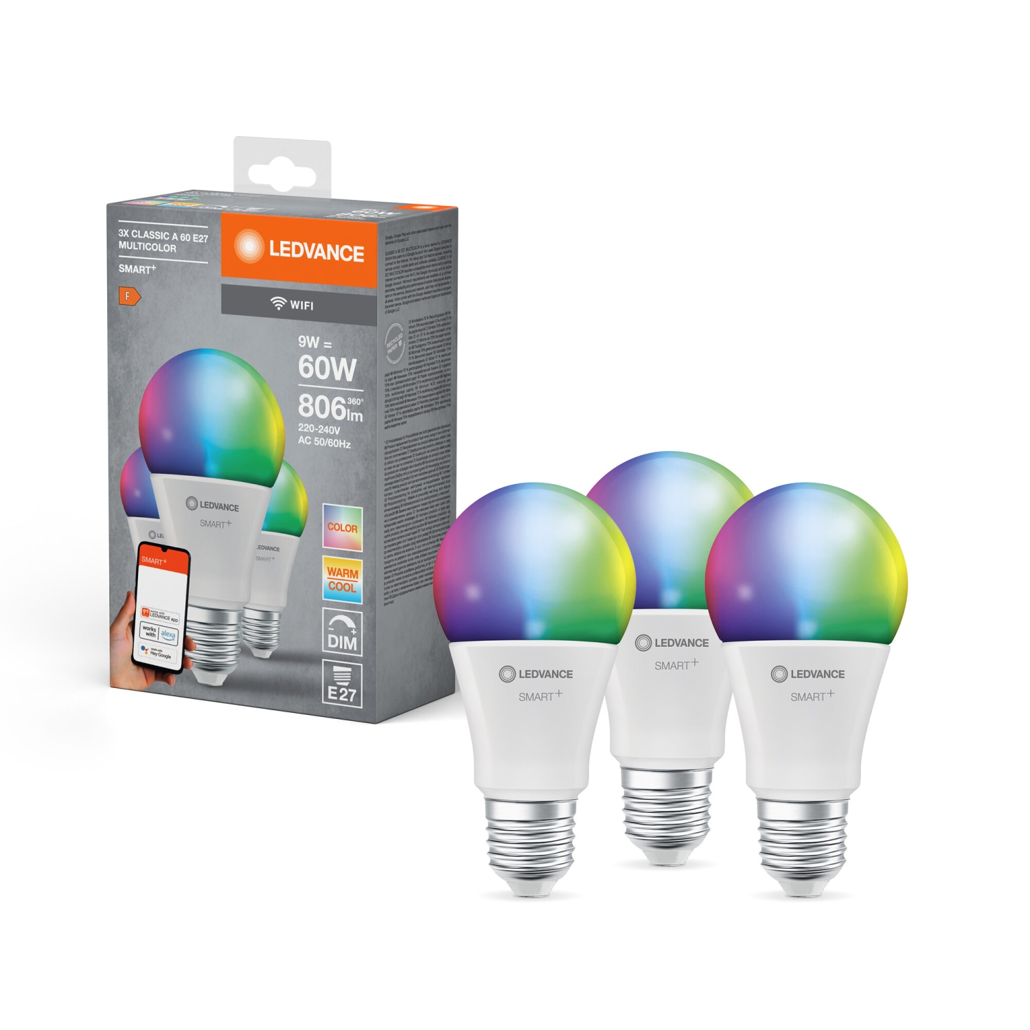 Ledvance Smart+ Standard 9W/RGB+827-865 806lm E27 mat WF, 3-pak ‒ WATTOO.DK