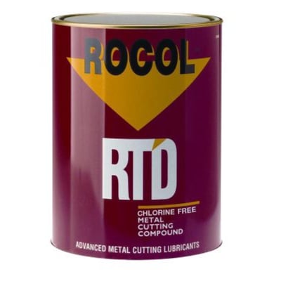En dåse Rocol RTD Chlorine Free Compound metal skærepasta i bordeauxrød farve, med Rocol logo øverst og produktnavn tydeligt markeret.