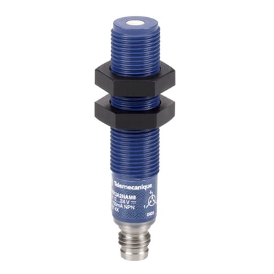 Schneider Electric M12 ultralydsensor med blå hus, M8 stik og fast sensing distance på 0,1m.