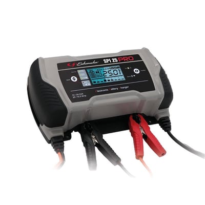 Schumacher Electric SPI 25 PRO batterilader, 12/24V, 25/12.5A vist med 25A opladning, forresten set med røde og sorte klemmer monteret.