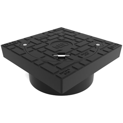 NID karm/dæksel, firkantet, 315 x 160 mm, med integreret lås og kompressionstilslutning, vist fra en skrå vinkel på en hvid baggrund.