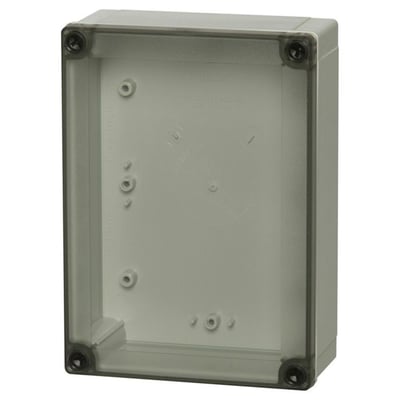 Detalje af Fibox MNX el-kasse set forfra, viser den gennemsigtige polycarbonat låg og lysegrå bund i materiale med slagfasthed.