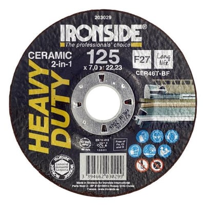 Ironside keramisk 2-i-1 skrubskive, 125 x 7 mm, set forfra med mørk skive og tydelig centeråbning.