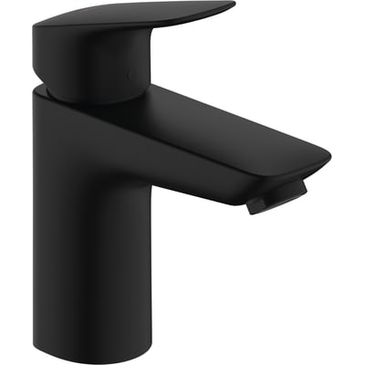 Nærbillede af hansgrohe Logis 100 håndvaskarmaturets elegante, mat sorte design med et ergonomisk greb og en bred tud.