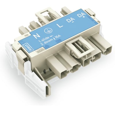 Wago Linect T-stykke, 5-polet med blå mærkning, 1 indgang og 2 udgange, perfekt til installation.