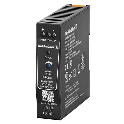 Weidmüller strømforsyning 30W 12V 2.6A PRObas model, vist fra siden med detaljeret mærkning og køleribber.