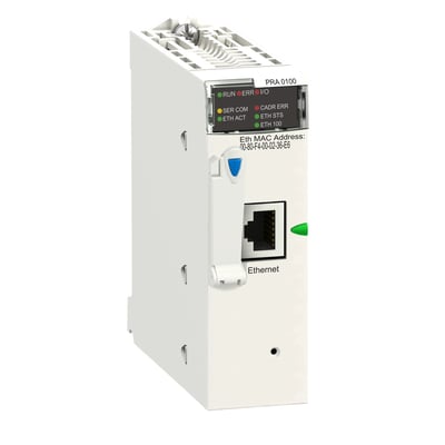 Schneider Electric Modicon X80 Peripheral Remote IO Adaptor modul med Ethernet-port og statusindikatorer.