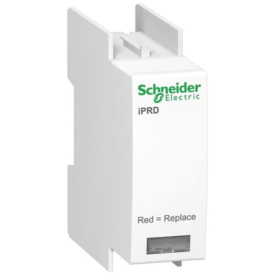 Schneider Electric overspændingsafleder A9 iPRD C20 350V, en hvid kassette med grøn og sort logo, der indikerer "Red = Replace".