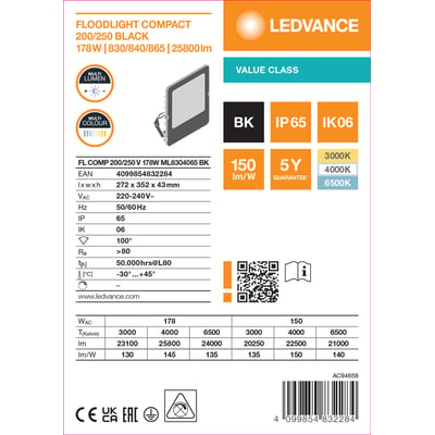Teknisk specifikationsgrafik for Ledvance Floodlight Compact, sort LED-projektør med Multi Lumen og tre valgbare farvetemperaturer.