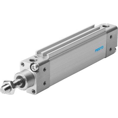 Festo flad cylinder DZH-25-200-PPV-A i aluminium med synlig stempelstang og møtrik, placeret på hvid baggrund.