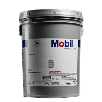 Stor grå spand med Mobilgrease 28 smørefedt, 16 kg, med tydeligt Mobil logo og advarselsmærkater.