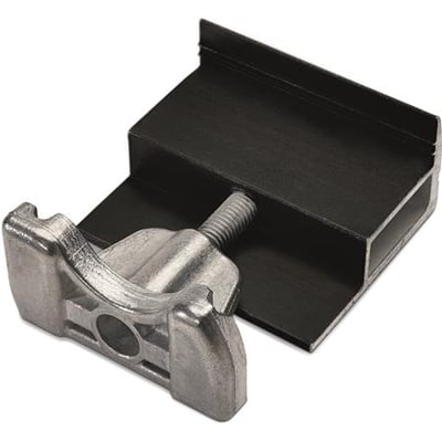 Novotegra endeklemme til C-skinne i sort aluminium, med skrue til rammehøjde 43-52 mm.