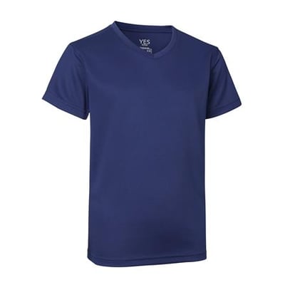 ID Identity T-shirt i mørk kongeblå med V-hals, størrelse 8/10 år, vist på hvid baggrund.