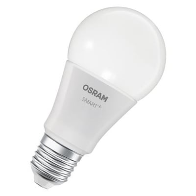 LEDVANCE SMART+ Matter LED-pære på 9 W med E27-sokkel, hvid kuppel og synligt OSRAM SMART+-logo.
