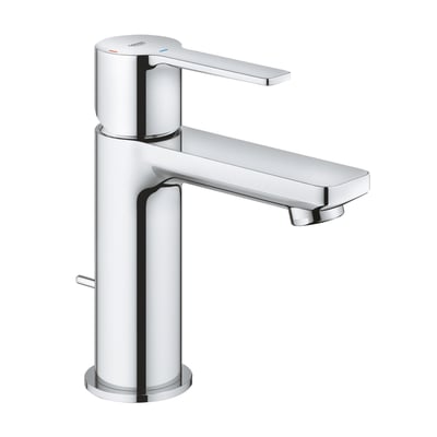 Grohe Lineare etgrebsbatteri til håndvask XS i blank krom, vist frontalt mod en hvid baggrund.