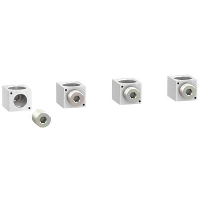 Schneider Electric klemmesæt 35-300mm², CU/AL, bestående af fire klemmer og én skrue, set fra forskellige vinkler på hvid baggrund.