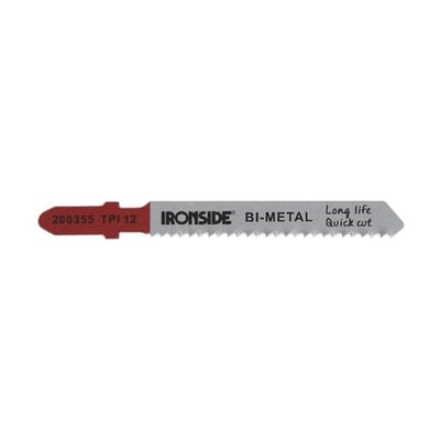 Ironside T118BF-stiksavklinge til metal med sølvfarvet tandet klinge og rødt skaft.