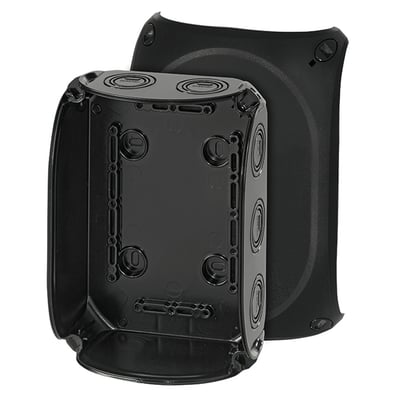 Hensel Kvik Forgreningsdåse KF1000B i sort plast, 180x130 mm, med låg til side og udslagsblanketter for kabler.