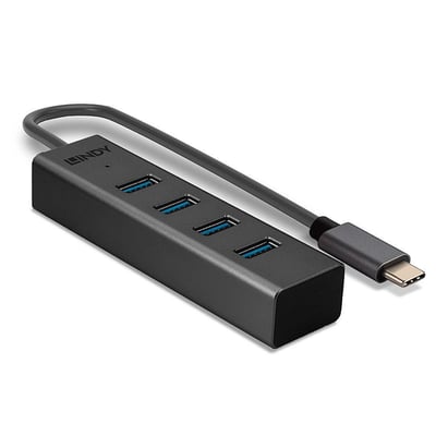 LINDY USB 3.2 Type C hub med 4 USB-A porte i sort plast, med tilhørende USB-C kabel på hvid baggrund.