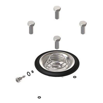 Oversigtsbillede af Danfoss EV220BW 15-50 EPDM reservedelssæt, der viser alle komponenter som membran, fjedre, bolte og tætningsringe.
