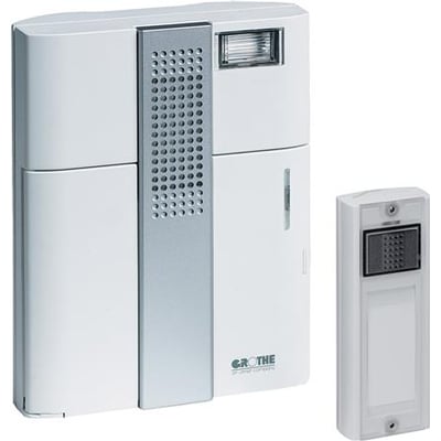 Grothe Mistral 300M trådløs ringeklokke i hvid med et medfølgende ringetryk. Ringeklokken har en blinkfunktion og et diskret navneskilt.