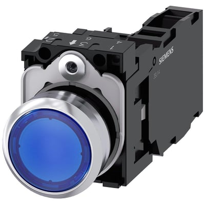 Siemens trykknap 22mm, rund med blå lysfunktion, metalramme og sort bagmontering med kontakter.