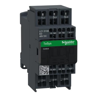 Schneider Electric TeSys D kontaktor på 48V DC med 3 poler, 18A og 1NO+1NC hjælpekontakter, vist med tydelig mærkning.