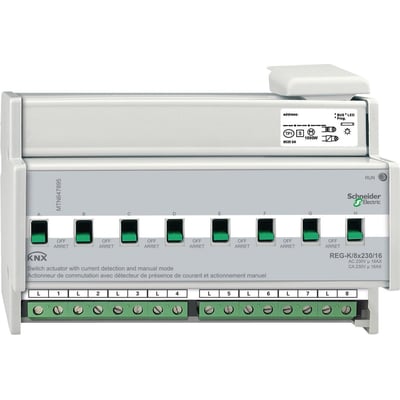 Schneider Electric REG-K/8x230/16 relæudgang med 8 kanaler, strømdetektering og manuel betjening.