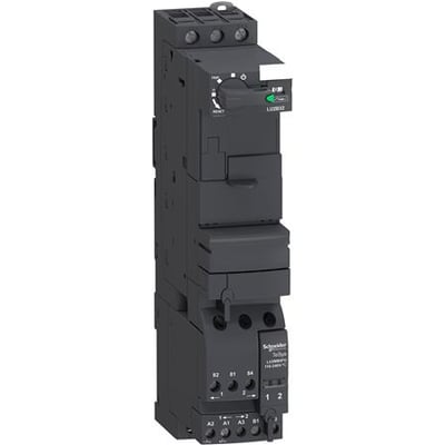 Schneider Electric TeSys Model U motorstarter til 32A, 110-240VAC/DC, med reset-knap og multifunktionshjul, vist på hvid baggrund.
