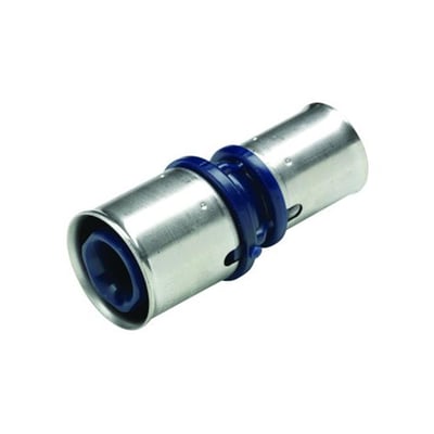 Detaljeret billede af Wavin Tigris K1 reduktionsfitting i rustfrit stål med blå plastring, viser preskoblingerne.