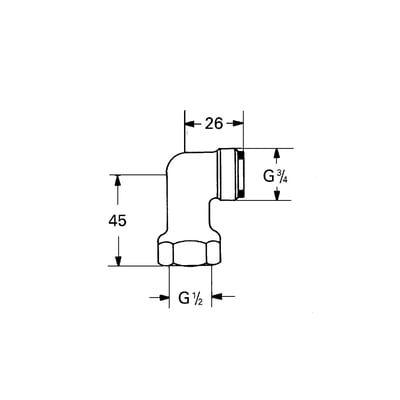 Teknisk tegning af Grohe vinkeltilgang, der viser dimensioner og gevindstørrelser: G 3/4" og G 1/2" samt højden 45mm.