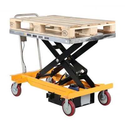 Elektrisk løftebord PL 1000 LB-EL med euro-palle, 1200x800 mm arbejdsplade i galvaniseret stål og gul ramme.