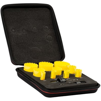 Starrett DC10021 hulsavsæt med 10 dele i en sort kuffert med gul indlæg, der viser hulsave fra Ø20mm til Ø76mm.