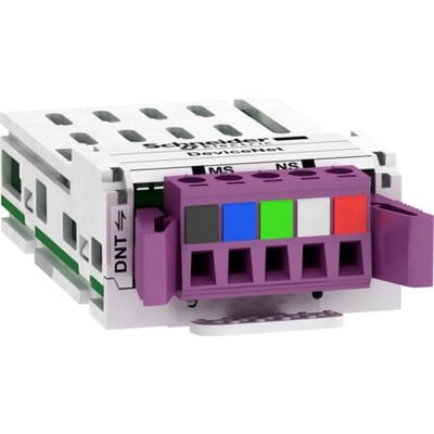Schneider Electric Kommunikationskort Devicenet, med violette tilslutningsklemmer og mærkat mærket 'DNT'.