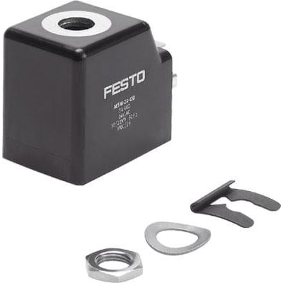 Festo solenoide spole MSW-230AC-OD i sort, vist med tilbehør som møtrik og tandskive.