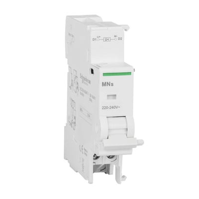 Detaljeret billede af Schneider Electric underspændingsspole MNs med angivelse af 220-240V og tekniske specifikationer.