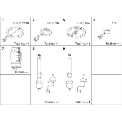 Diagram over reservedele til Danfoss REG 10 vedligeholdelsessæt, der viser kegle A og B, nylon- og aluminiumsringe samt en ventilkomponent.