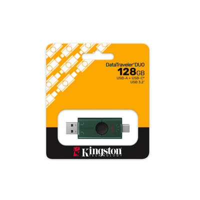 Forsiden af emballagen med Kingston DataTraveler DuoG2 USB-nøgle på 128 GB med USB-A og USB-C.