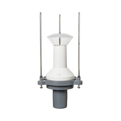 Louis Poulsen Albertslund Mini LED-DPC upgrade kit i grå, hvid og klar plast med stålstænger på hvid baggrund.