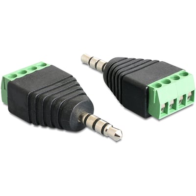DeLock-adapter fra 3,5 mm stereostik til 4-polet terminalblok, vist fra to vinkler med sort hus og grøn blok.